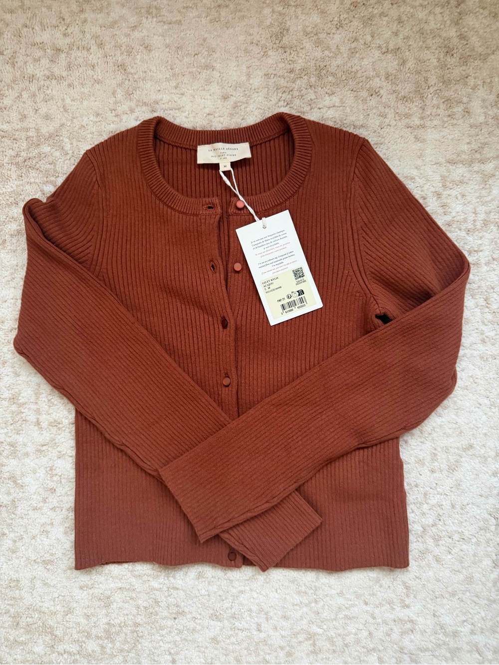 Sezane Ribbed Cropped Cardigan in Rust - Picture 3 of 12